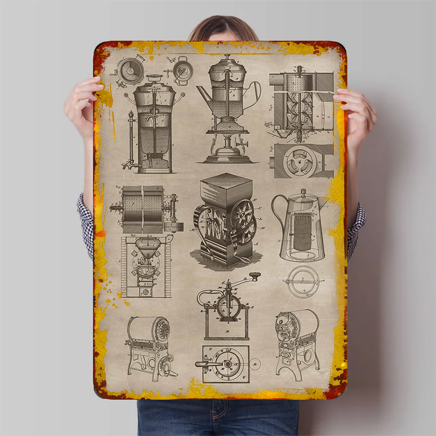 Coffee Equipment Europe - อุปกรณ์กาแฟวินเทจวาดด้วยมือภาพวาดเหล็กสไตล์อุตสาหกรรมอเมริกันคาเฟ่บาร์ตกแต่งผนัง