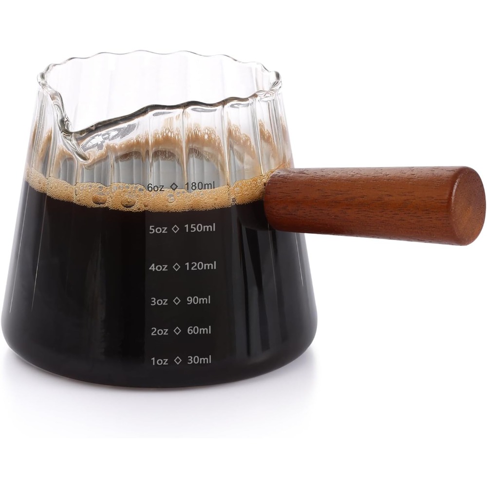 Espresso Shot Glass - แก้วช็อตเอสเพรสโซทรงวี 6 ออนซ์ พร้อมด้ามจับไม้ แก้วตวงนมกาแฟแบบมีริ้ว สำหรับบาริสต้า
