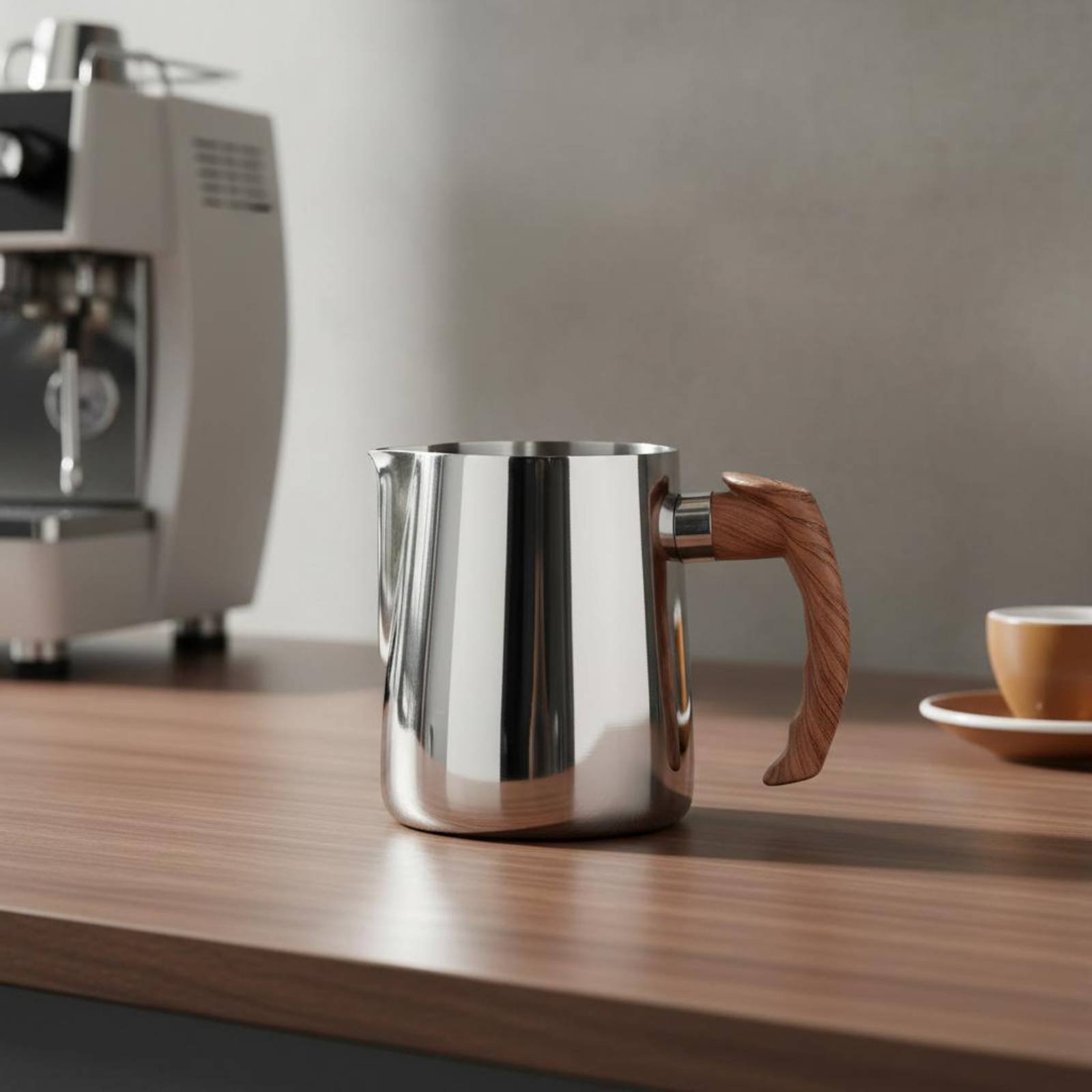 Milk Steaming Pitcher - เหยือกทำลาเต้อาร์ตพร้อมด้ามจับไม้ โครงหนา ทำจากสแตนเลส ใช้สำหรับตีฟองนม ภาชนะตวงนมและนึ่งนม ใช้งานง่าย