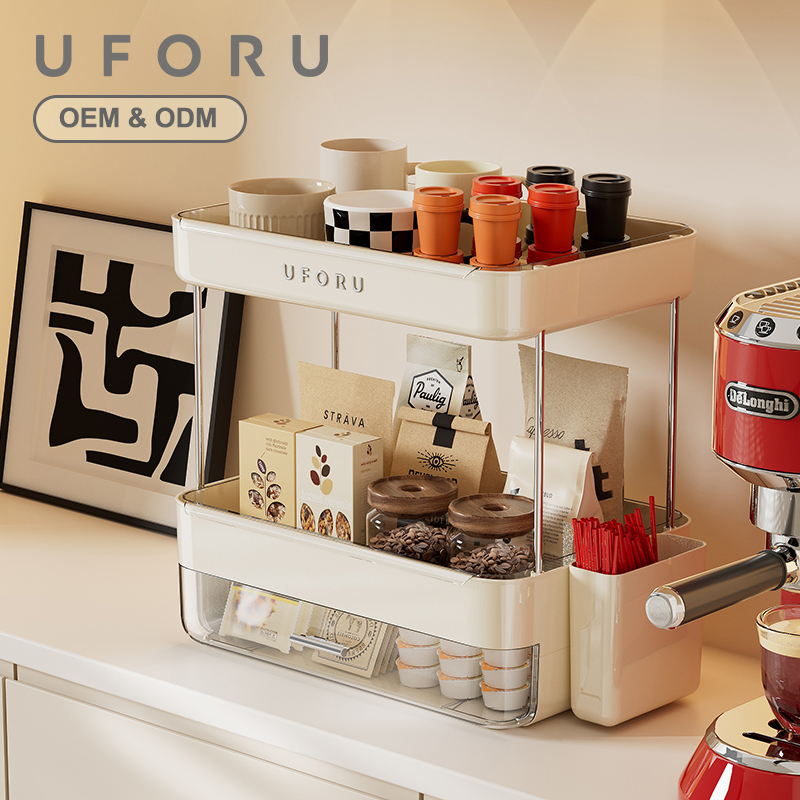 Coffee Equipment Used - กล่องเก็บกาแฟแบบสองชั้น UFORU พร้อมลิ้นชักเก็บของและถาดระบายน้ำแบบถอดได้ ใช้สำหรับเก็บกาแฟ